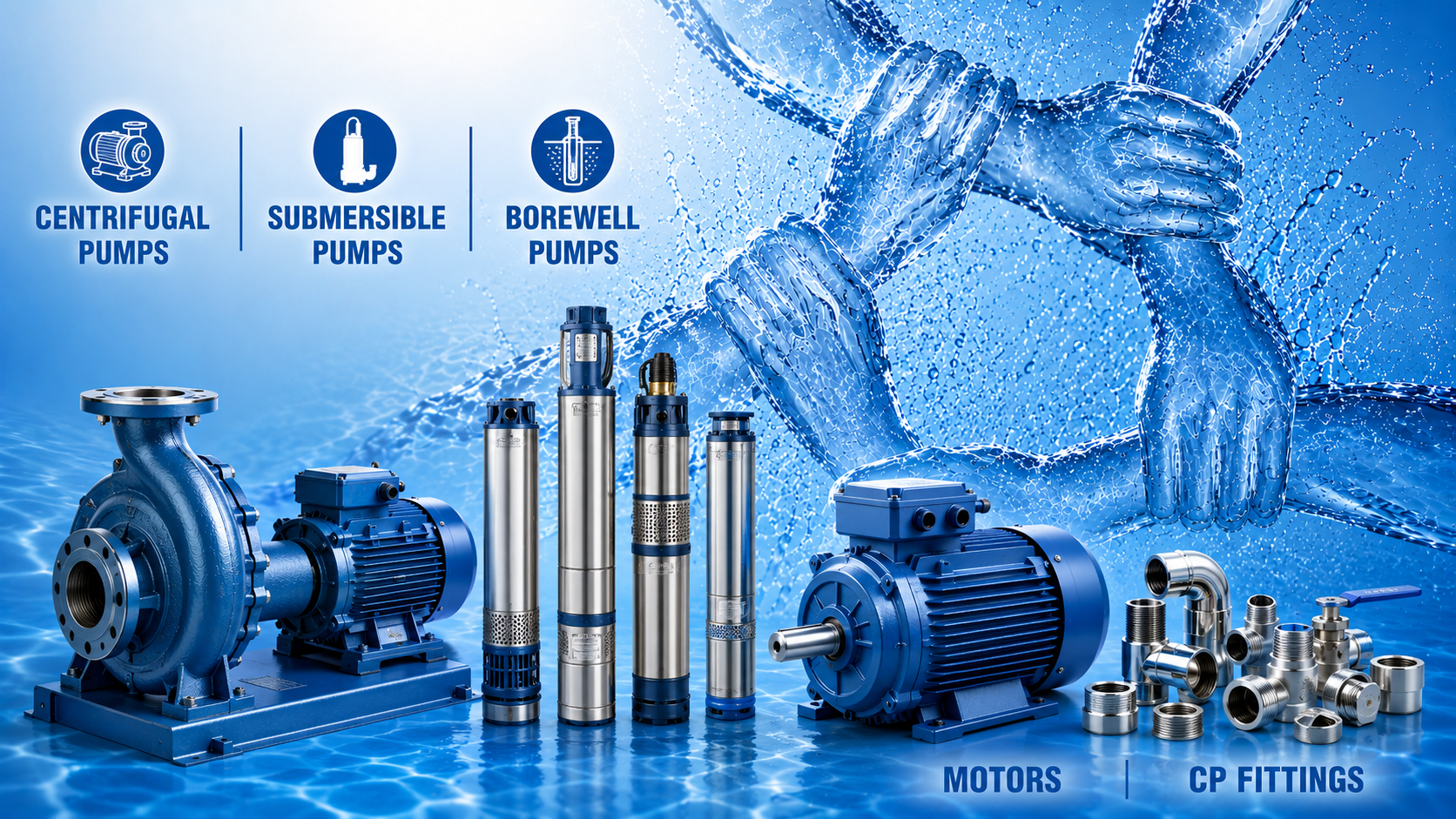 Metro Sales product range: centrifugal, submersible, and borewell pumps, motors, and CP fittings